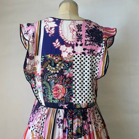 Anthropologie Patchwork Print Ruffle Shoulder Swing Dress Size 12 Petite - Picture 9 of 13